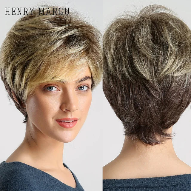 Dark Root Ombre Brown Blonde Short Hair Wigs