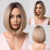 Dark Root Ombre Brown Blonde Short Hair Wigs