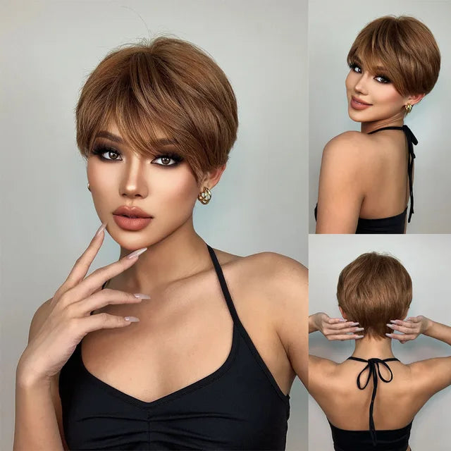 Dark Root Ombre Brown Blonde Short Hair Wigs