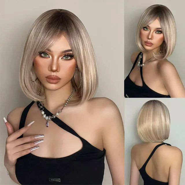 Dark Root Ombre Brown Blonde Short Hair Wigs