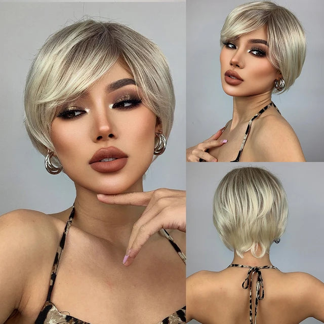 Dark Root Ombre Brown Blonde Short Hair Wigs