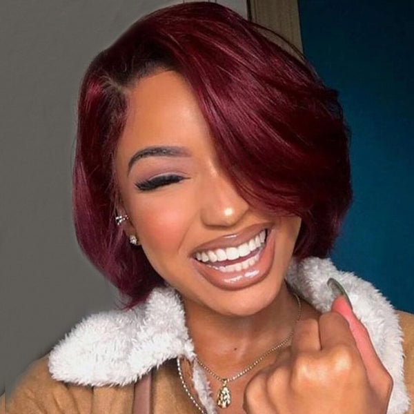 Burgundy Red Ombre Pixie Cut Short Bob Wigs