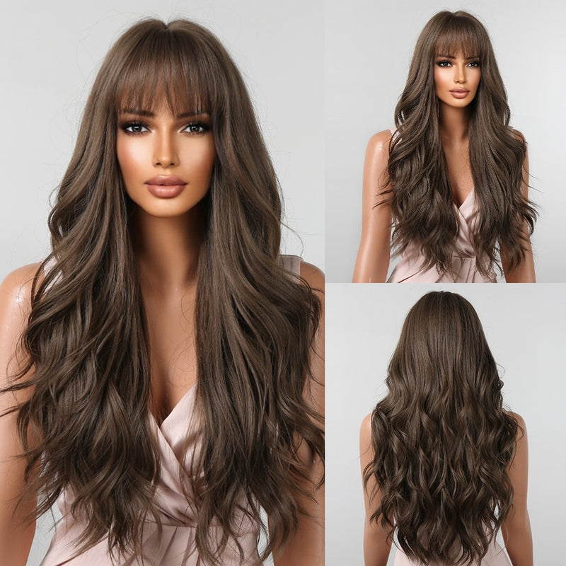 Natural Synthetic Hair Brown Wavy Wigs