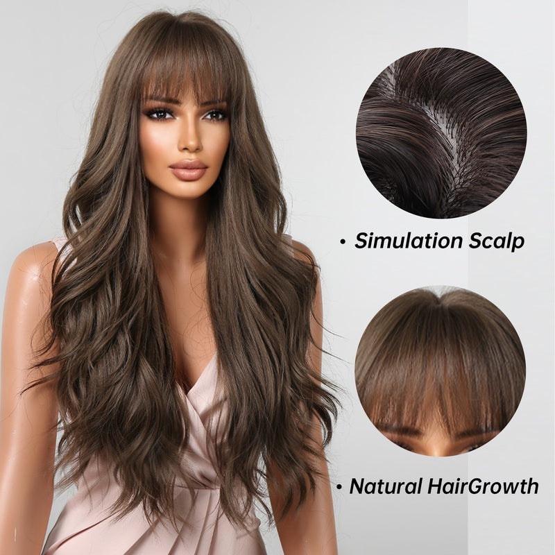 Natural Synthetic Hair Brown Wavy Wigs