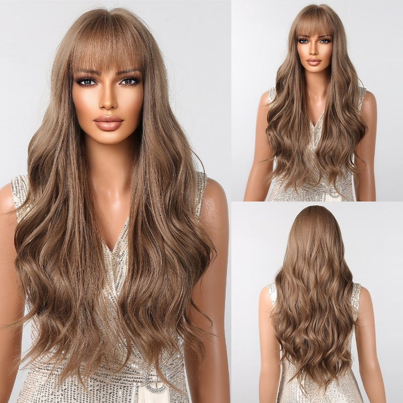 Natural Synthetic Hair Brown Wavy Wigs