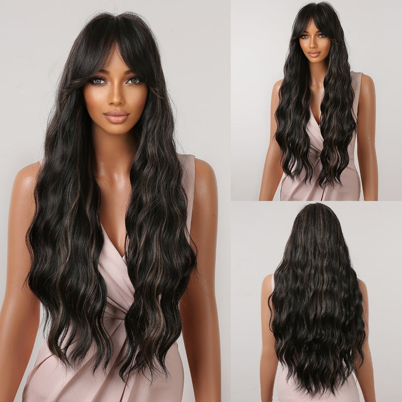 Natural Synthetic Hair Brown Wavy Wigs