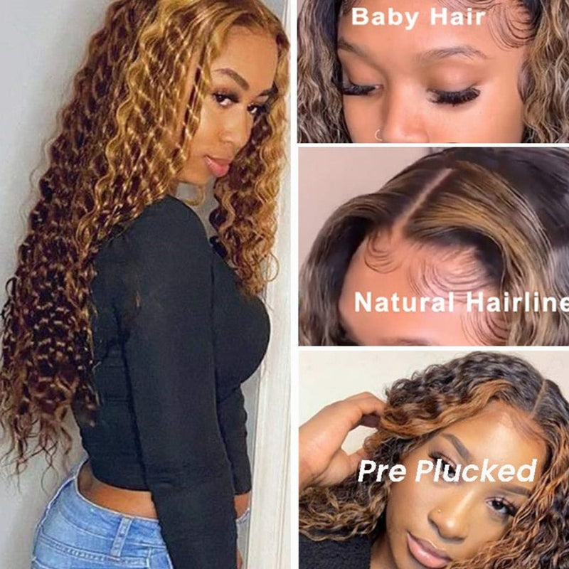 Brown Lace Front Honey Blonde Curly Wigs