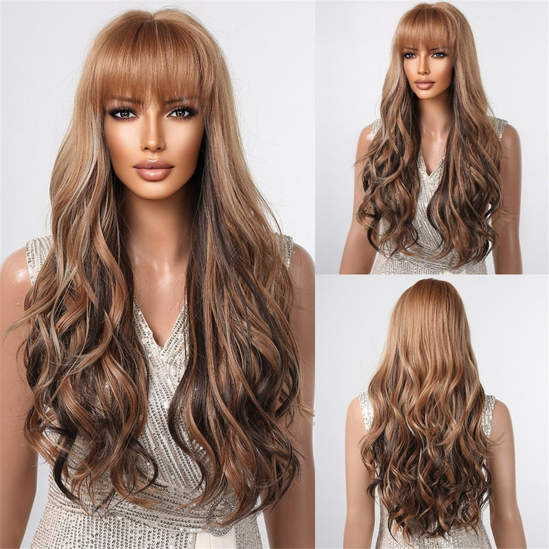 Natural Synthetic Hair Brown Wavy Wigs