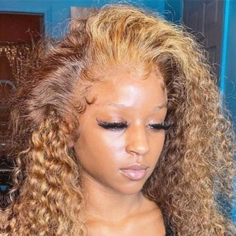 Brown Lace Front Honey Blonde Curly Wigs